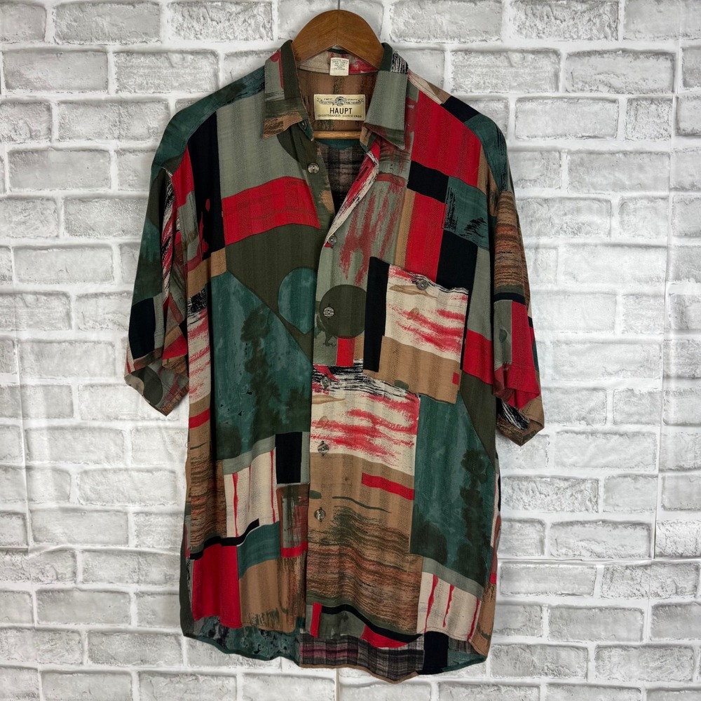 Vintage Haupt Mens Abstract Geometric Patchwork Shirt Made in Germany Viscose S